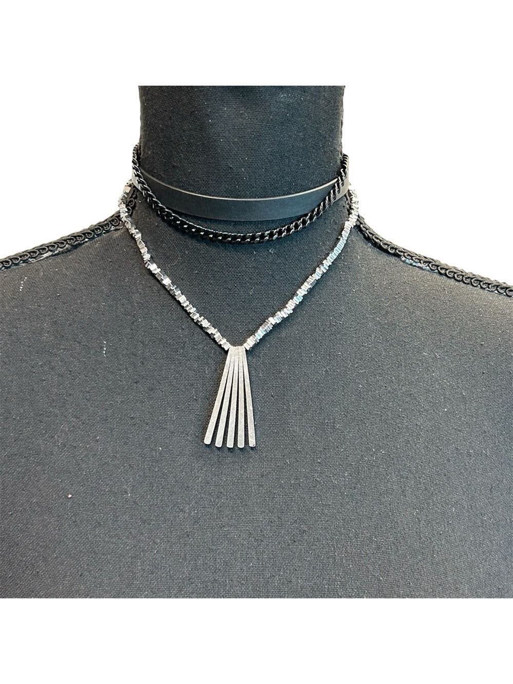Tocara stainless steel chain leather layered choker necklace